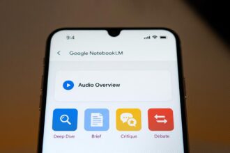 A smartphone displaying the new NotebookLM Audio Overviews formats: Brief, Critique, and Debate.