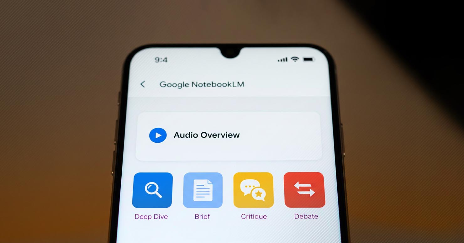 A smartphone displaying the new NotebookLM Audio Overviews formats: Brief, Critique, and Debate.