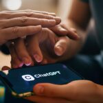 A parent's hand guiding a teenager's hand on a phone with the ChatGPT interface, symbolizing the new ChatGPT parental controls.