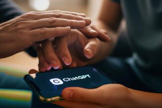 A parent's hand guiding a teenager's hand on a phone with the ChatGPT interface, symbolizing the new ChatGPT parental controls.