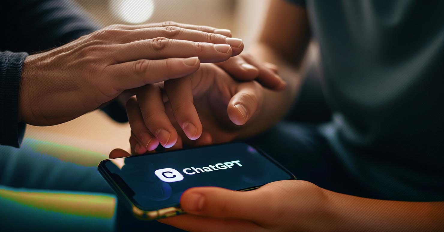 A parent's hand guiding a teenager's hand on a phone with the ChatGPT interface, symbolizing the new ChatGPT parental controls.