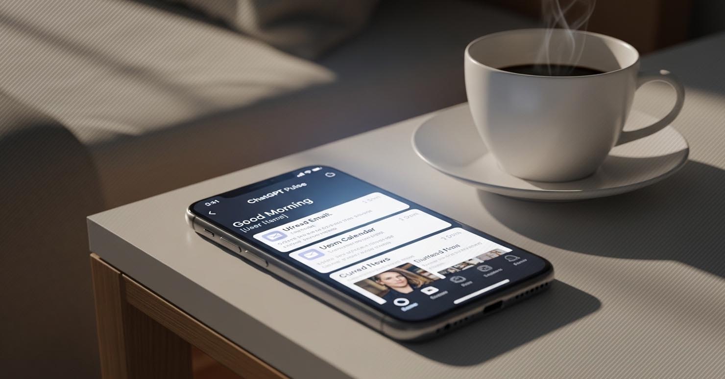 A smartphone displaying the new ChatGPT Pulse interface with a personalized morning brief.