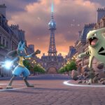 A dynamic still from Pokémon Legends Z-A real-time combat showing a trainer and their Pokémon engaged in real-time against a Mega Evolved opponent in Lumiose City.