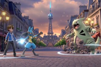 A dynamic still from Pokémon Legends Z-A real-time combat showing a trainer and their Pokémon engaged in real-time against a Mega Evolved opponent in Lumiose City.