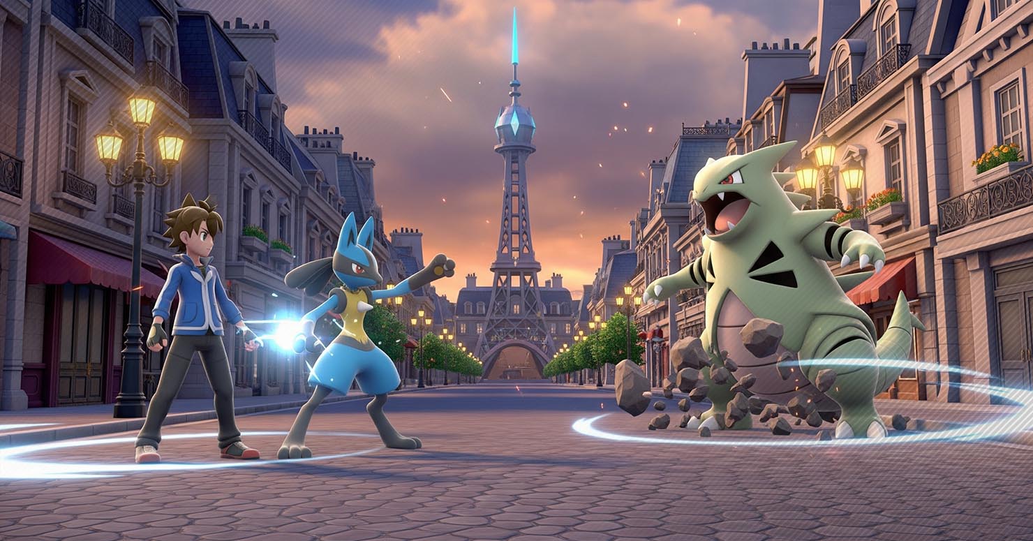 A dynamic still from Pokémon Legends Z-A real-time combat showing a trainer and their Pokémon engaged in real-time against a Mega Evolved opponent in Lumiose City.