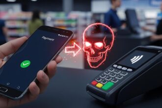A smartphone tapping a payment terminal, with a red warning sign indicating the RATon Android malware.