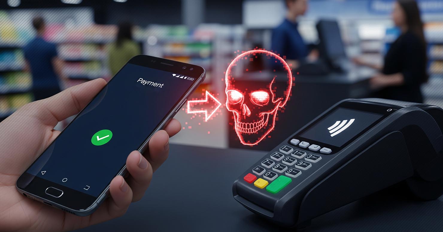 A smartphone tapping a payment terminal, with a red warning sign indicating the RATon Android malware.
