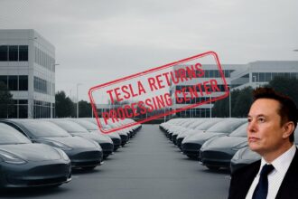 A fleet of Tesla cars with a "Tesla Returns Processing Center" stamp, symbolizing the impact of Elon Musk's politics on the Tesla brand reputation.