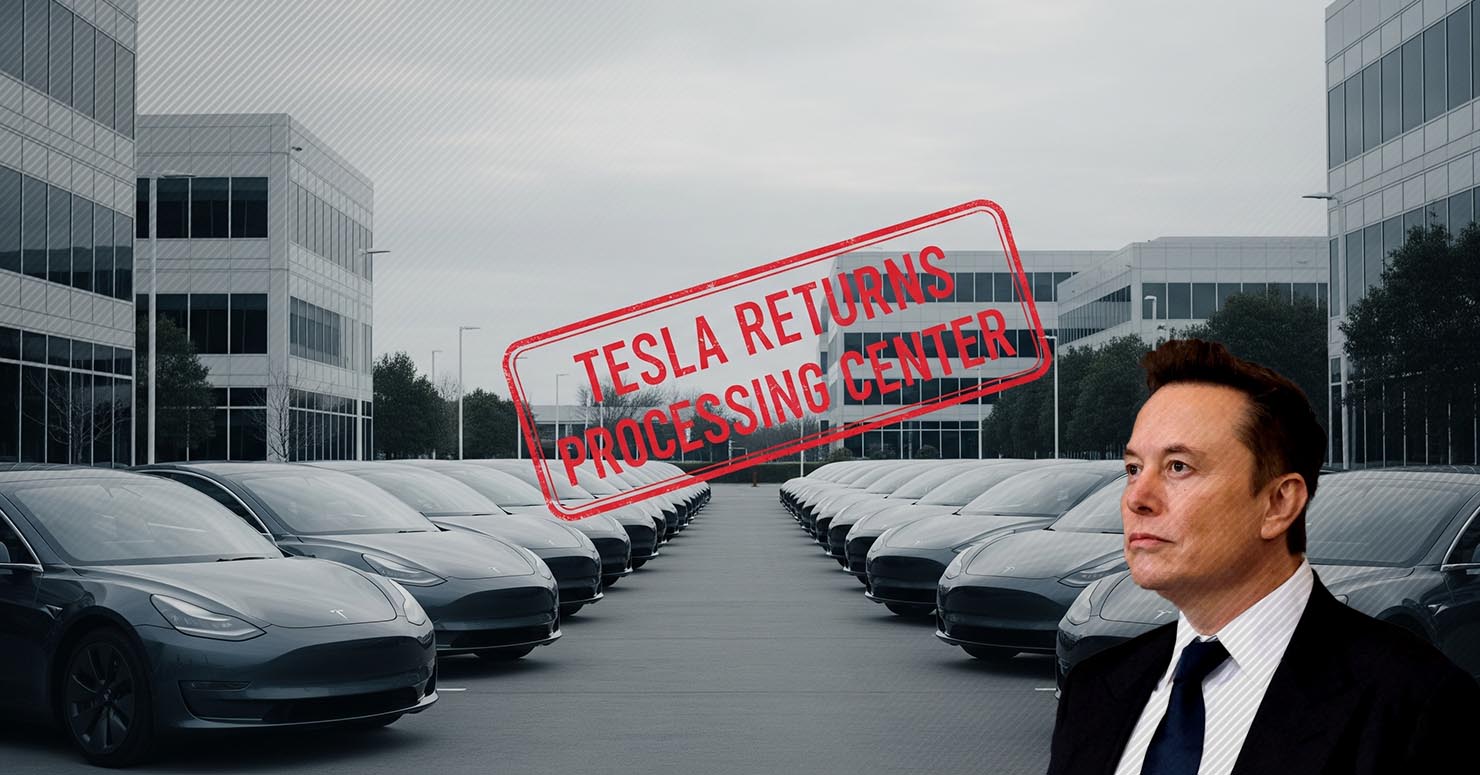 A fleet of Tesla cars with a "Tesla Returns Processing Center" stamp, symbolizing the impact of Elon Musk's politics on the Tesla brand reputation.
