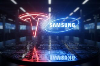The Tesla and Samsung logos merging over a semiconductor wafer, symbolizing the new Tesla Samsung AI chip deal.