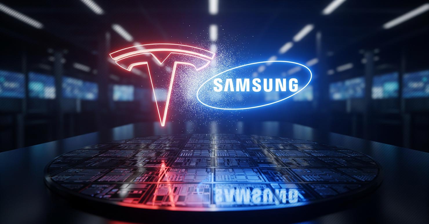 The Tesla and Samsung logos merging over a semiconductor wafer, symbolizing the new Tesla Samsung AI chip deal.
