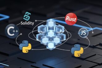 Logos of the top 5 programming languages for Web3 arranged around a blockchain icon.