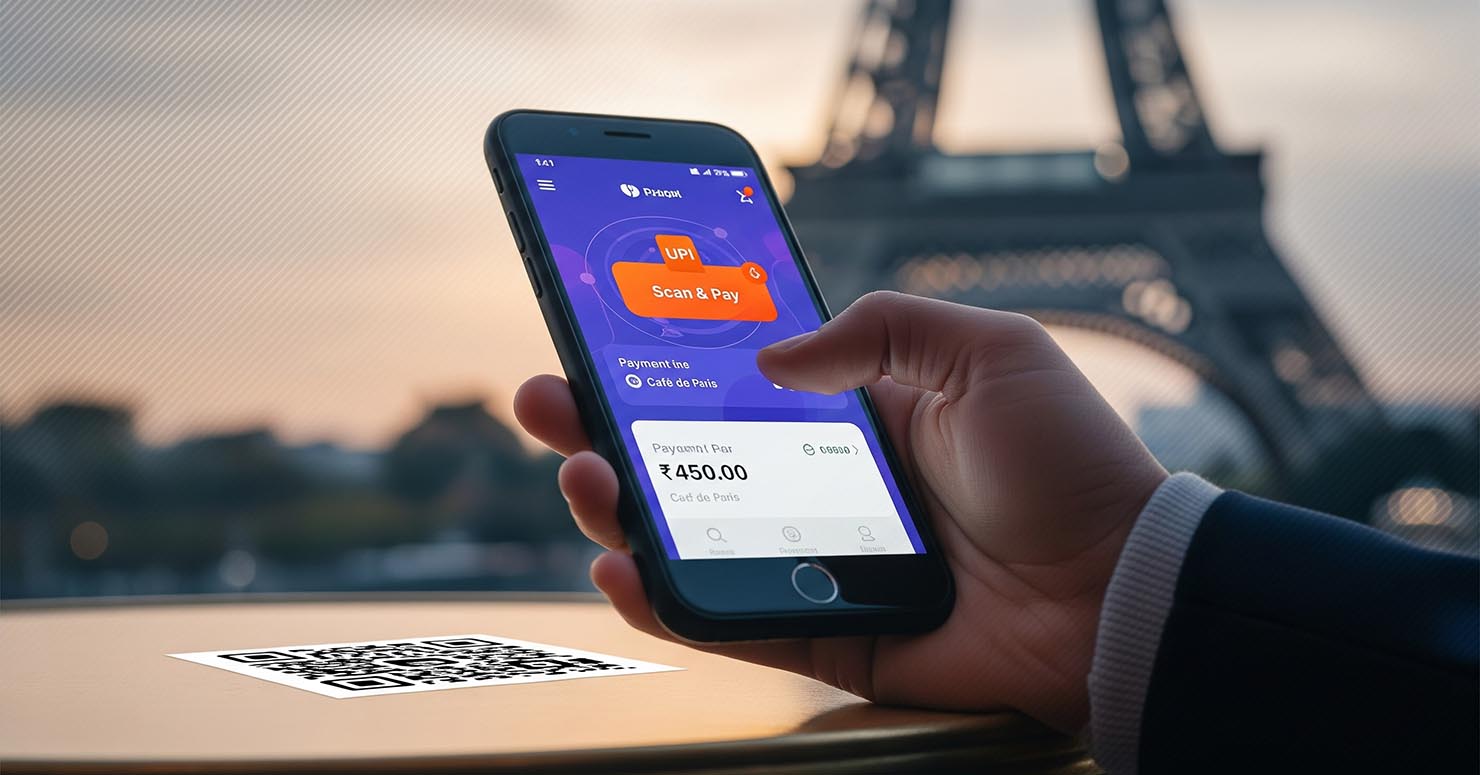 A smartphone displaying the UPI app, scanning a QR code with international landmarks in the background, symbolizing UPI international payments.