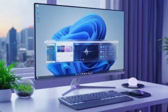 A futuristic and beautiful concept of the Windows 12 desktop, representing a vision for the future OS.