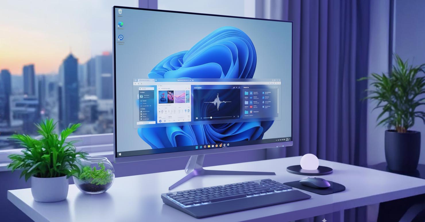 A futuristic and beautiful concept of the Windows 12 desktop, representing a vision for the future OS.