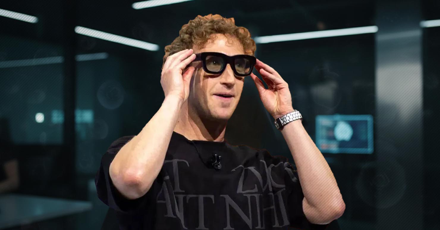 A person wearing stylish Ray-Ban Meta smart glasses, with a futuristic user interface reflected in the lenses because Mark Zuckerberg Believes Smart Glasses Will Replace Your Phone