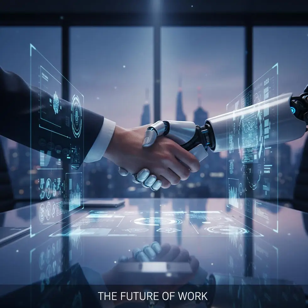A human and robot shaking hands, symbolizing the future of work with AI.