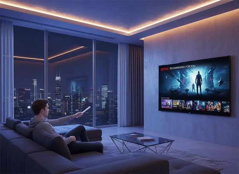 A TV screen showing a personalized movie recommendation from a streaming service.