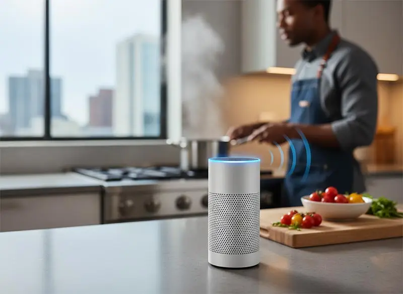 A person using a smart assistant speaker in their kitchen.