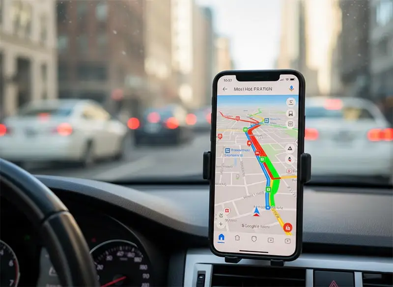 A phone screen showing a navigation app with the fastest route.