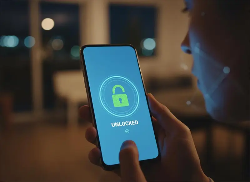 A smartphone using facial recognition technology to unlock.