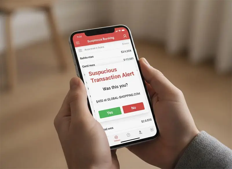 A mobile banking app showing an AI-powered fraud detection alert.