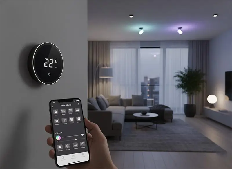A smart home with a smart thermostat and app-controlled lighting.