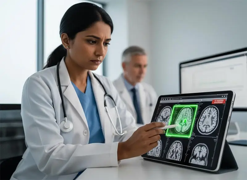 A doctor reviewing a medical scan with the help of AI diagnostics.